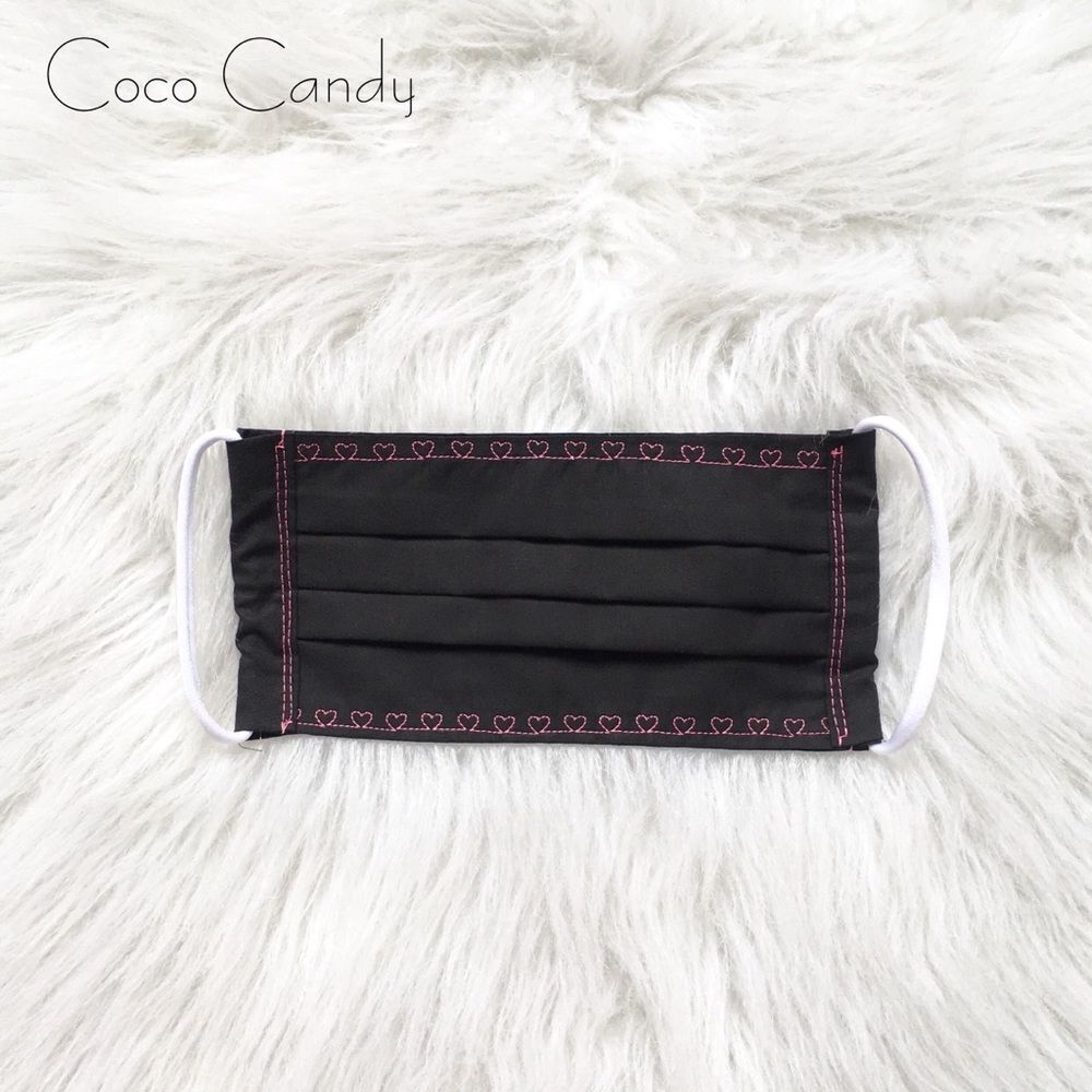 🆕Embroidered Pink Heart Black Fabric Reusable Face Mask
